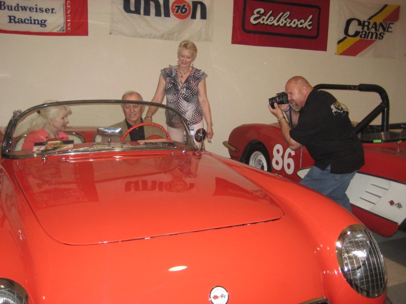 Bob Bondurant and Sherry MacDonald in The Dave MacDonald 1955 Corvette at the 2010 Legends of Riverside event